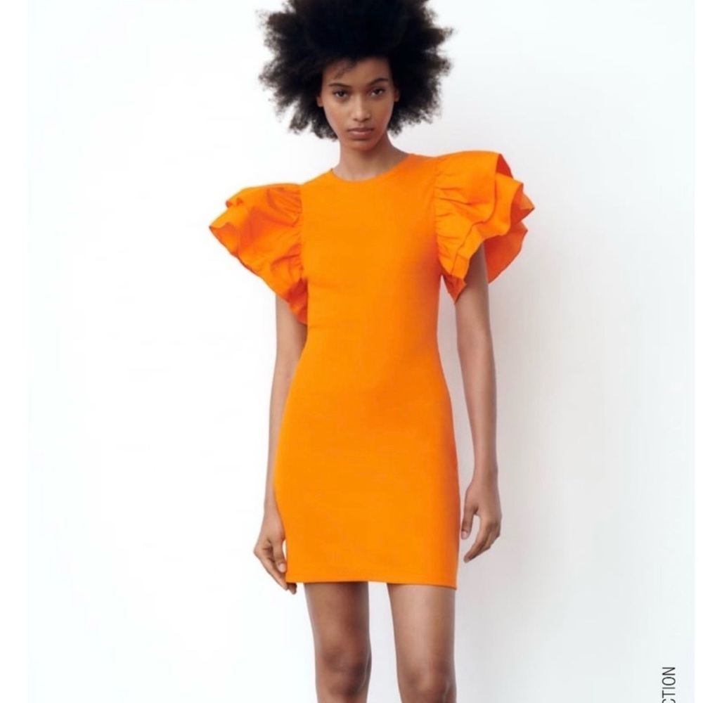 NWT Zara Mini Dress Women's Size Small Orange Ruffled Short Sleeve Round Neck S
